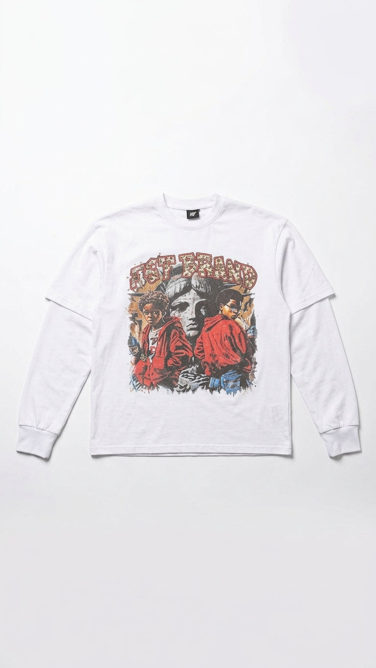 T-shirt Bianca Maniche Lunghe JSP Bambino e Ragazzo | Maglia Doppio Strato con Grafica Vintage Rap
