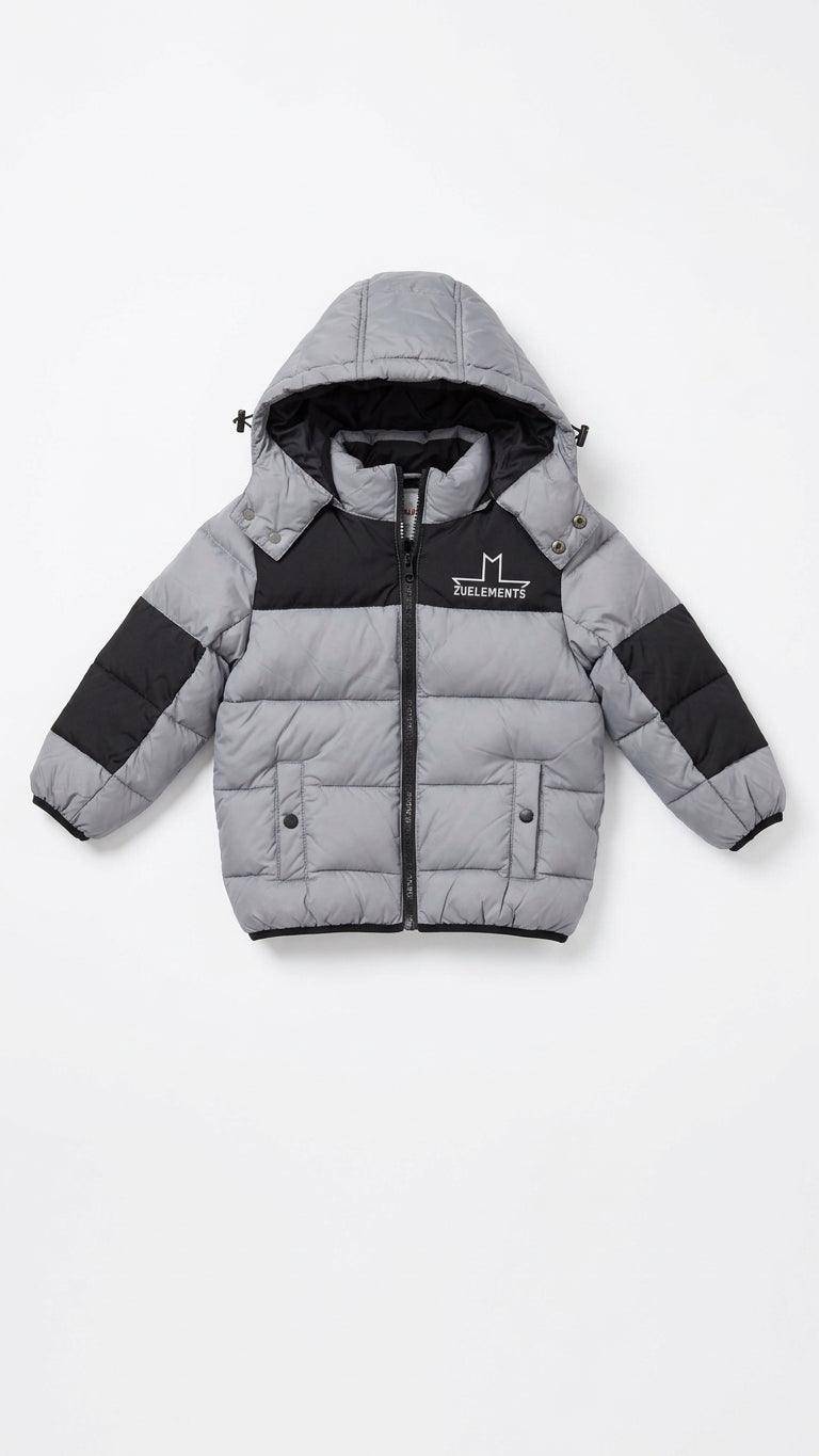Piumino Imbottito ZU ELEMENTS Bambino e Ragazzo | Giubbotto Color-Block Grigio e Nero con Cappuccio
