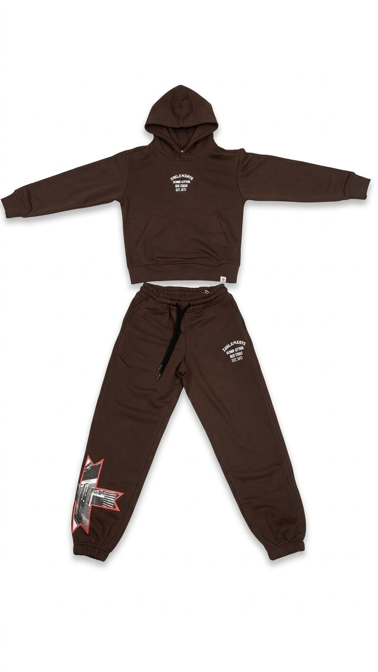 Completo Tuta Marrone ZU ELEMENTS Bambino e Ragazzo | Felpa con Cappuccio e Pantaloni con Stampa Grafica