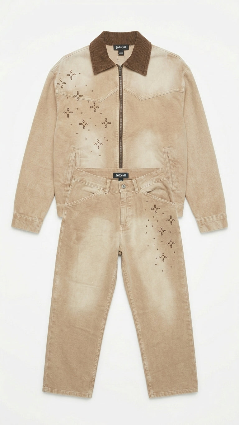 Completo Denim Jasper JSP Bambino | Giacca e Jeans Beige Slavato con Borchie e Strass