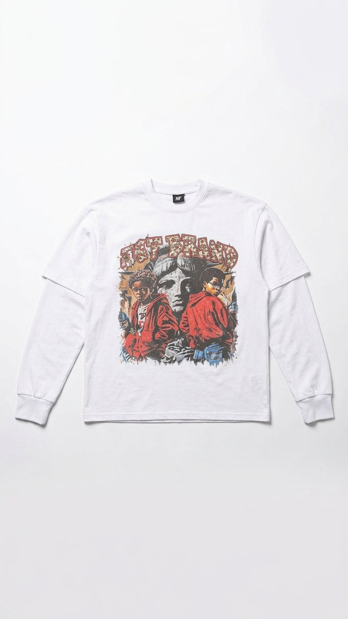 T-shirt Bianca Maniche Lunghe JSP Bambino e Ragazzo | Maglia Doppio Strato con Grafica Vintage Rap
