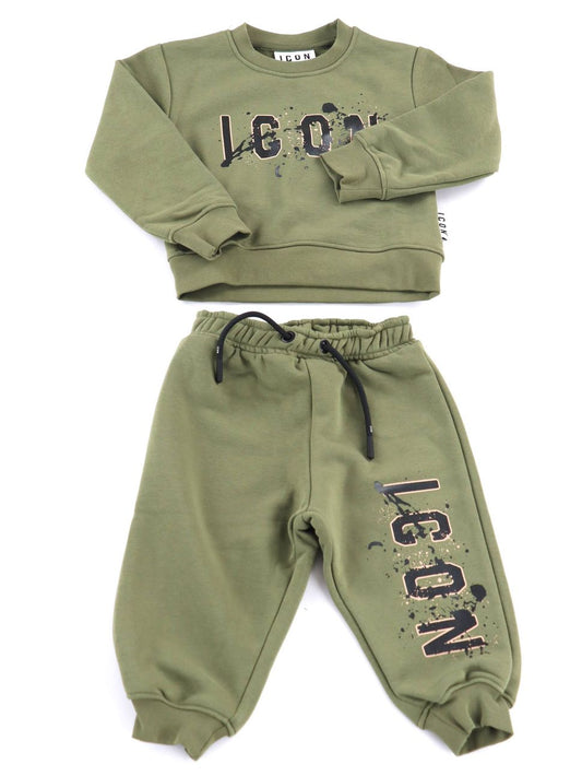 Tuta Verde Militare ICON Bambino 1-6 Anni | Completo Felpa e Pantalone con Logo a Contrasto