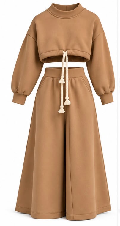 Completo Coordinato MAVIE Donna | Felpa Crop Top Collo Alto e Pantalone Palazzo con Coulisse