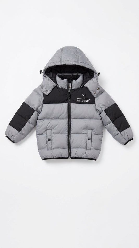 Piumino Imbottito ZU ELEMENTS Bambino e Ragazzo | Giubbotto Color-Block Grigio e Nero con Cappuccio