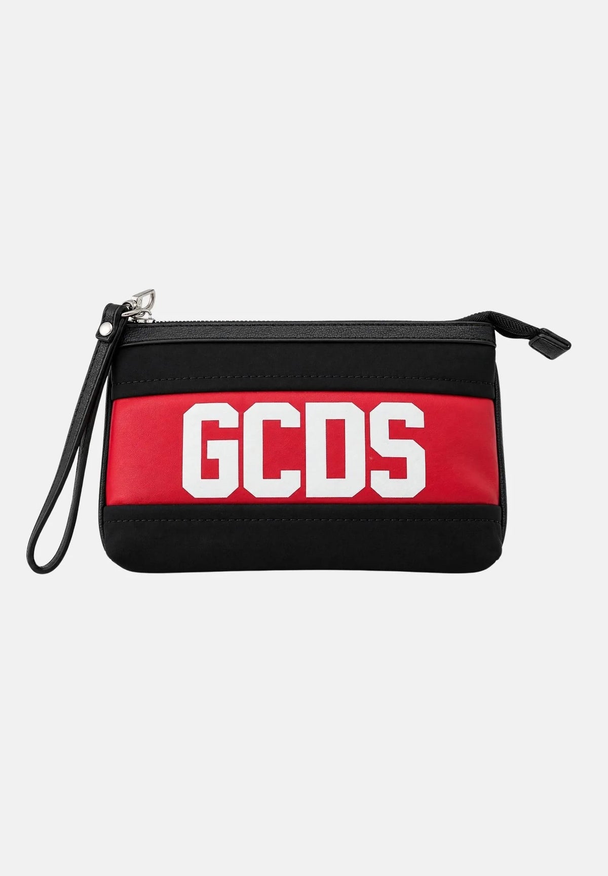 Pochette GCDS in Nylon Nero con Fascia Rossa e Logo Bianco | Clutch con Laccetto da Polso