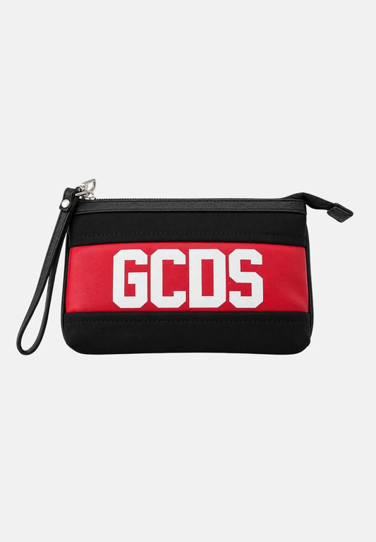 Pochette GCDS in Nylon Nero con Fascia Rossa e Logo Bianco | Clutch con Laccetto da Polso