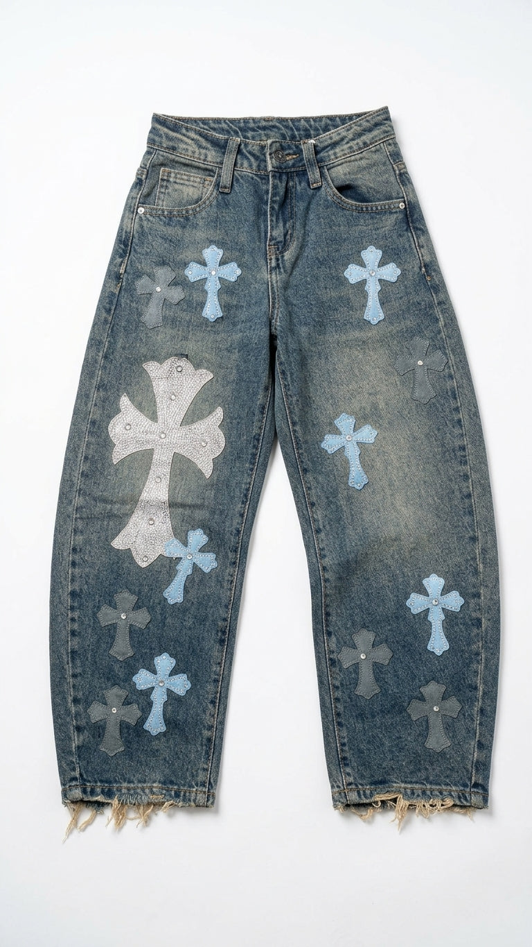 Jeans JSP Denim Scuro con Toppe a Croce Stile Y2K | Jeans Bambino e Ragazzo Streetwear