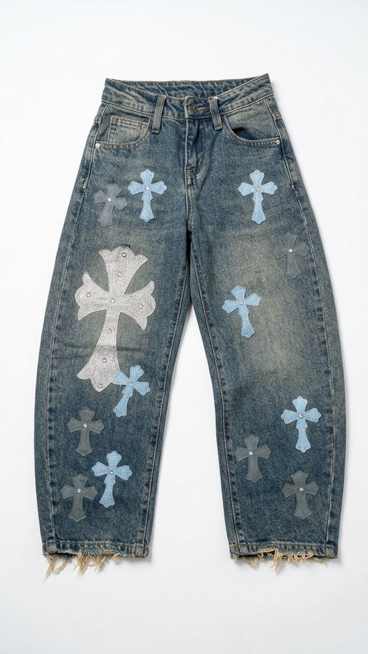 Jeans JSP Denim Scuro con Toppe a Croce Stile Y2K | Jeans Bambino e Ragazzo Streetwear
