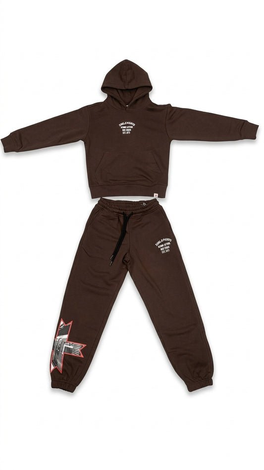Completo Tuta Marrone ZU ELEMENTS Bambino e Ragazzo | Felpa con Cappuccio e Pantaloni con Stampa Grafica