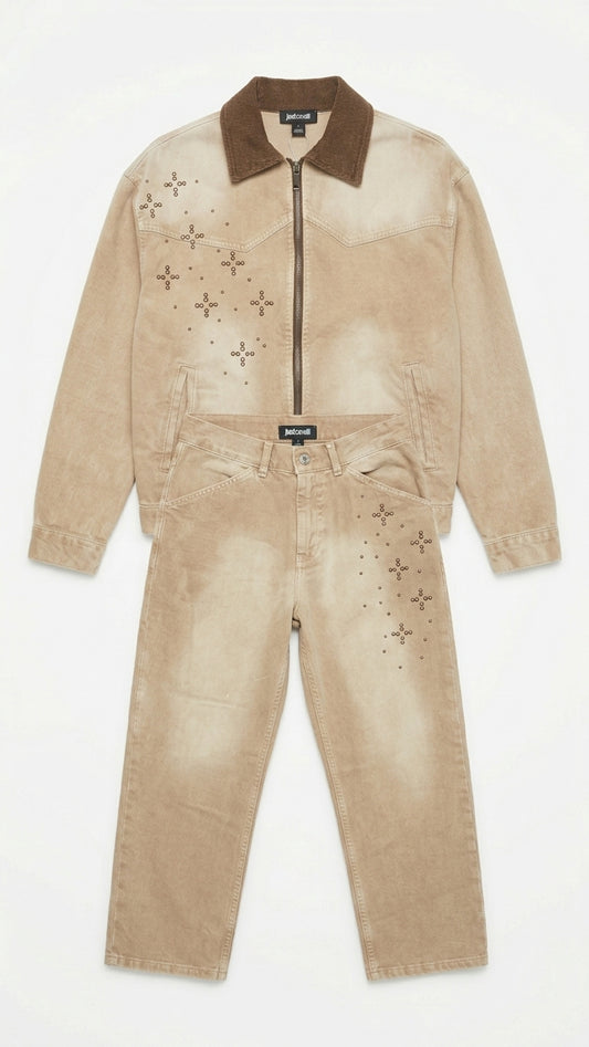 Completo Denim Jasper JSP Bambino | Giacca e Jeans Beige Slavato con Borchie e Strass