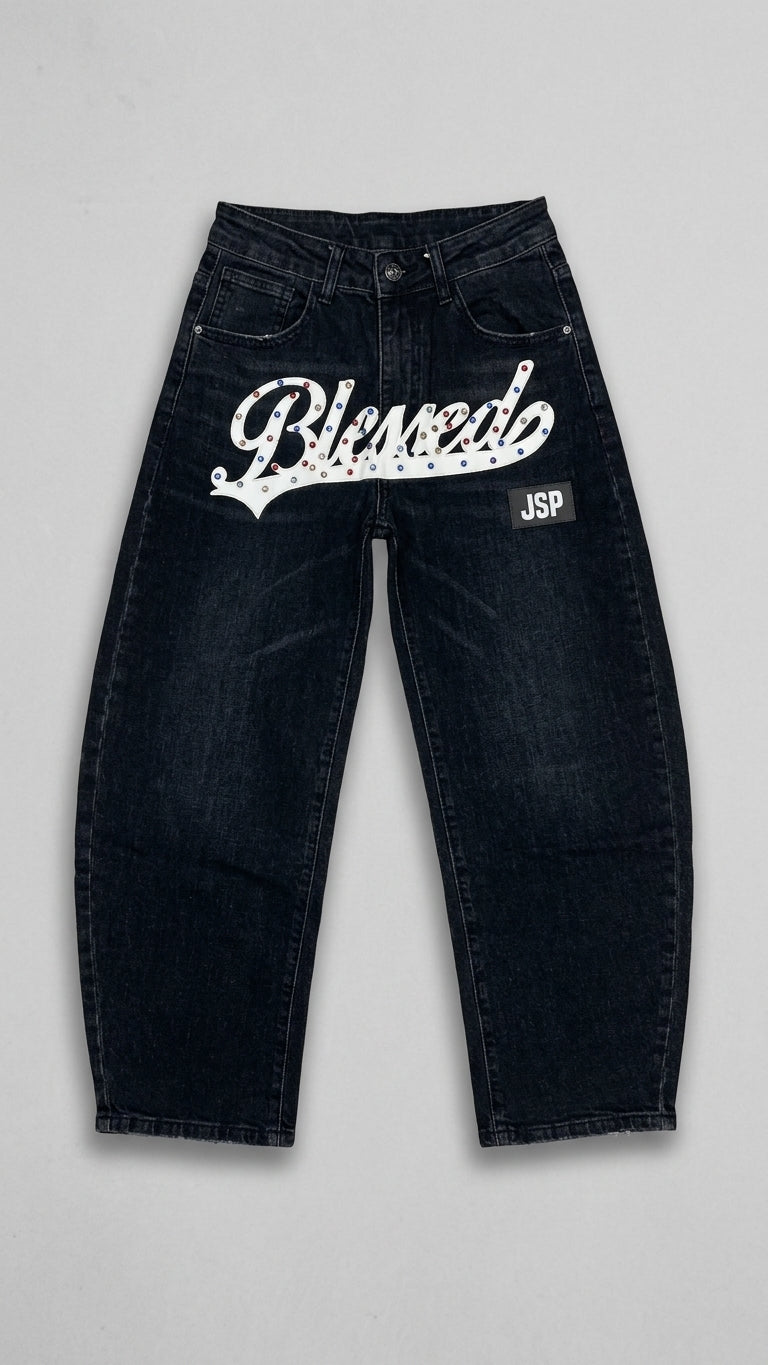 Jeans Baggy Neri JSP con Scritta "Blessed" | Denim Oversize Bambino e Ragazzo