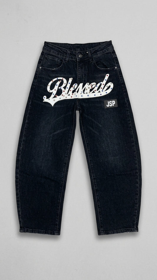 Jeans Baggy Neri JSP con Scritta "Blessed" | Denim Oversize Bambino e Ragazzo