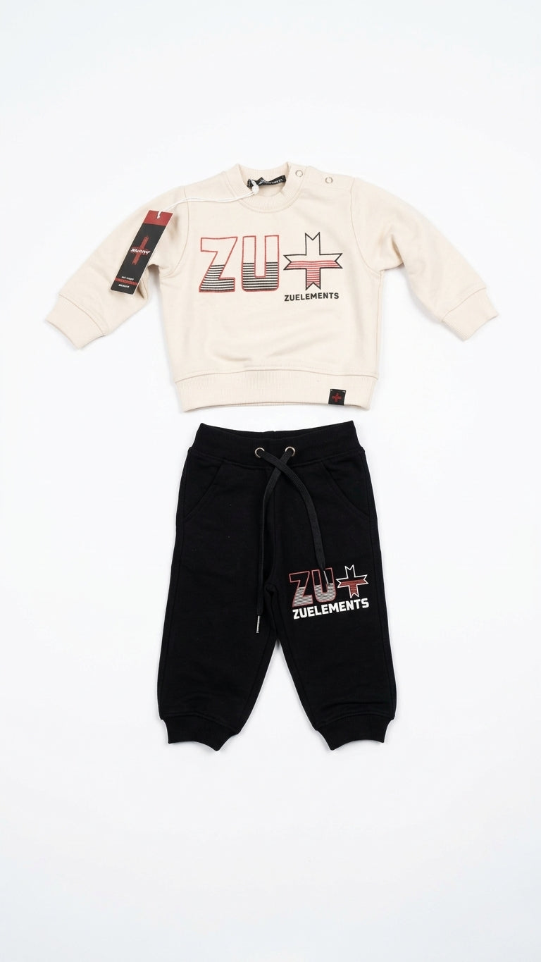 Tuta Zu Elements Bambino | Completo Felpa Girocollo Beige e Pantalone Nero con Logo ZU+
