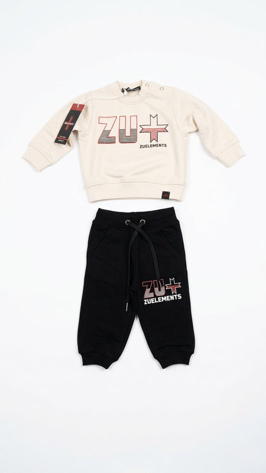 Tuta Zu Elements Bambino | Completo Felpa Girocollo Beige e Pantalone Nero con Logo ZU+