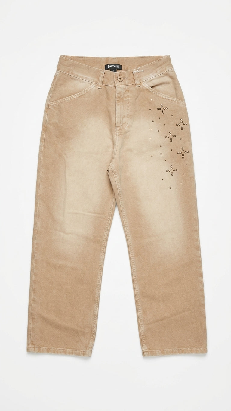 JEANS JSP in Canvas Beige con Borchie Metalliche | Pantaloni Bambino e Ragazzo con Borchie Decorative