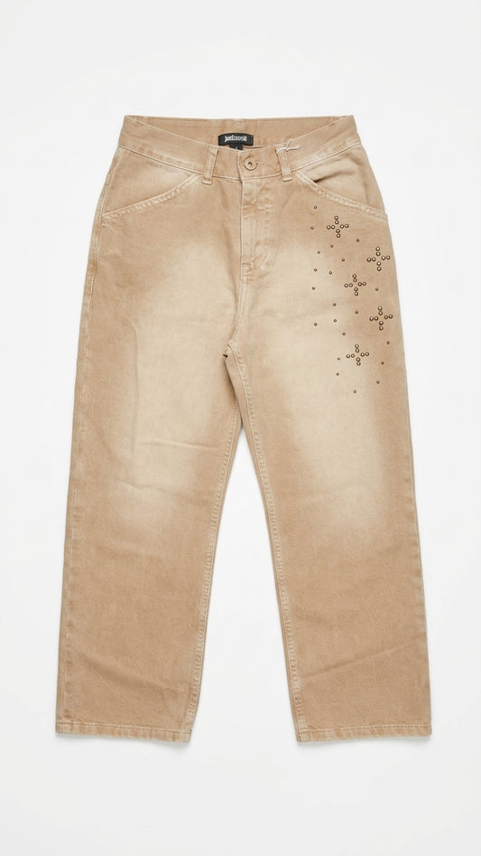 JEANS JSP in Canvas Beige con Borchie Metalliche | Pantaloni Bambino e Ragazzo con Borchie Decorative