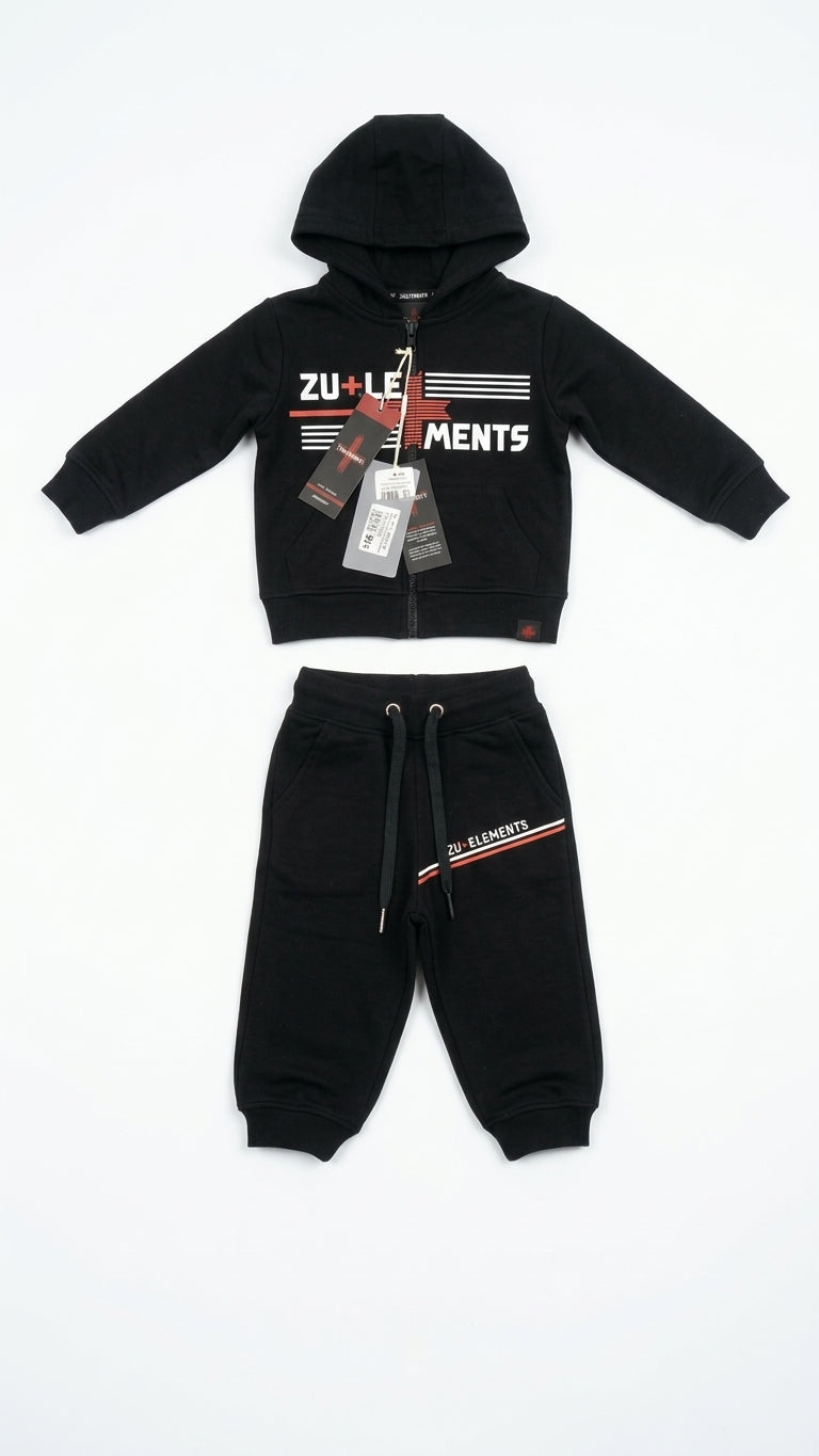 Tuta Sportiva ZU+ELEMENTS Bambino | Felpa con Cappuccio e Jogger Neri con Inserti Rossi e Bianchi e Logo ELEMENTS