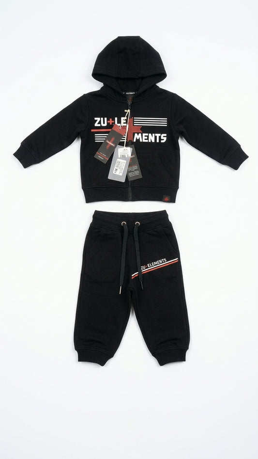 Tuta Sportiva ZU+ELEMENTS Bambino | Felpa con Cappuccio e Jogger Neri con Inserti Rossi e Bianchi e Logo ELEMENTS