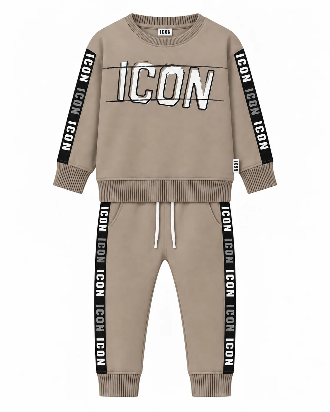 Tuta Completa ICON Bambino 1-5 Anni | Felpa e Pantalone Grigio Tortora con Bande Nere Logate