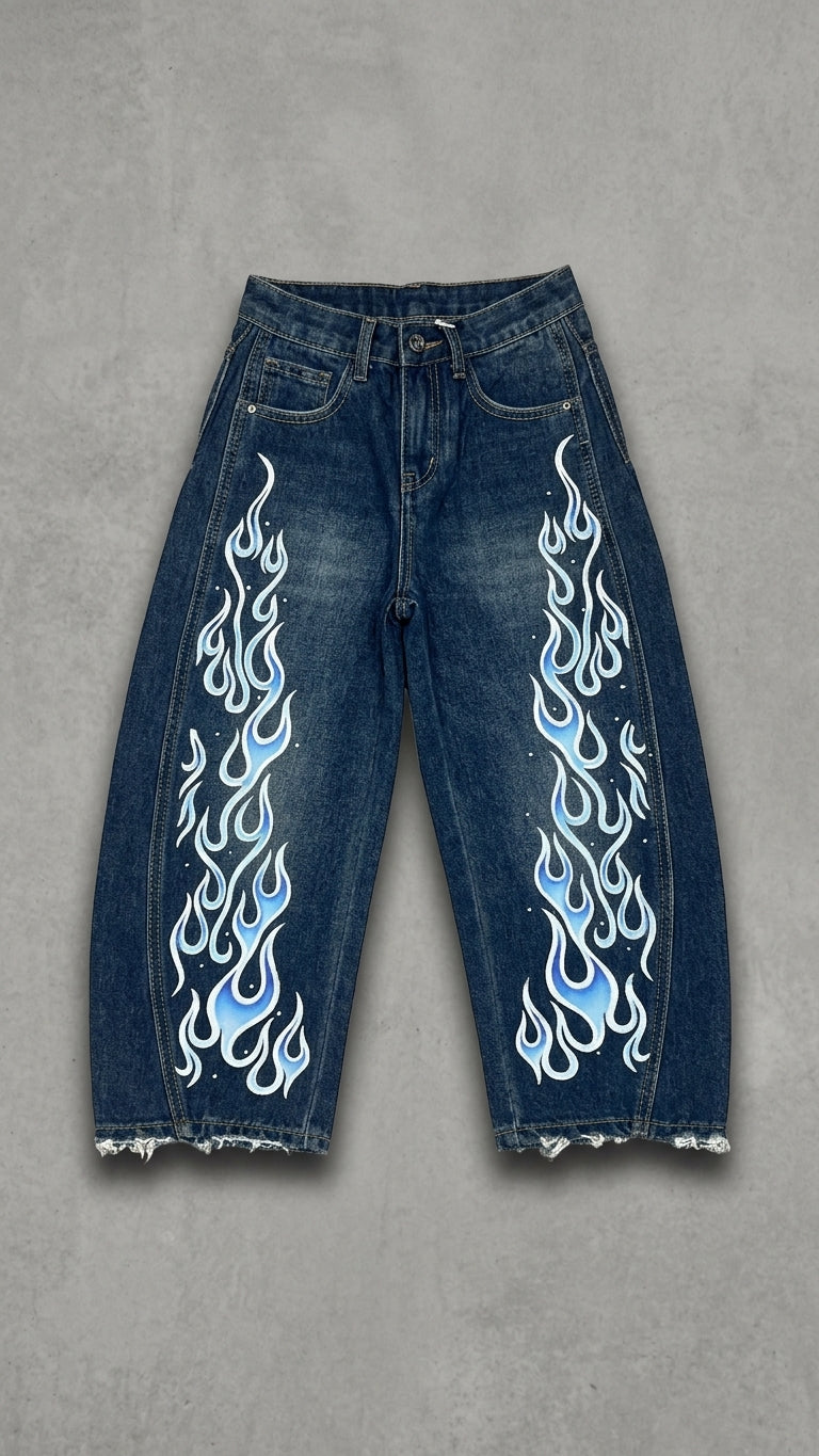 Jeans JSP Denim Scuro con Fiamme Blu | Jeans Bambino e Ragazzo con Grafica Lungo le Gambe